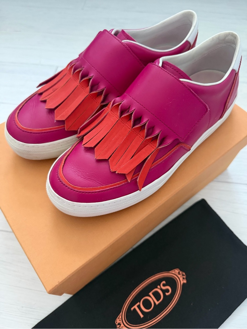 Tod's Fuchsia Leather Slip-On Sneakers with Red Fringe